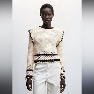 Mango sweater with ruffled open work detail. SMALL